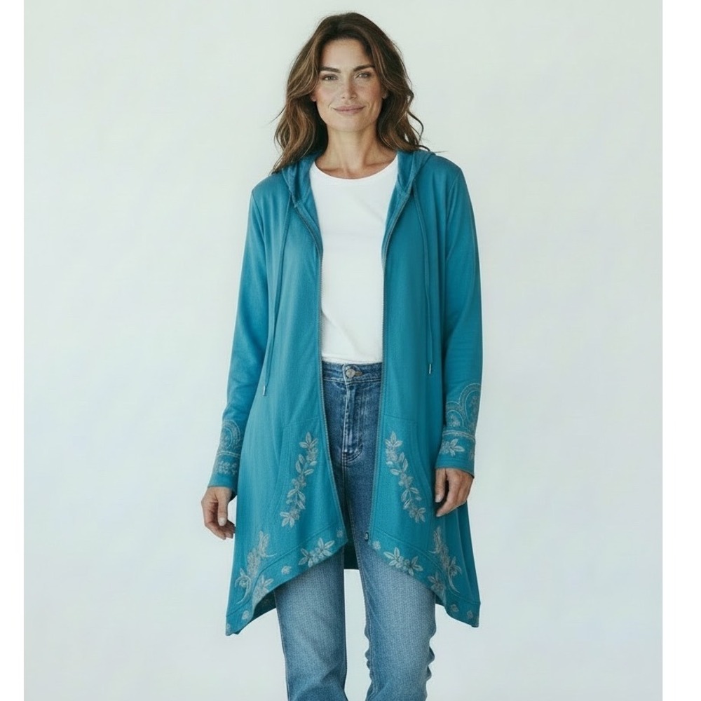 JW Los Angeles Turquois Blu Floral Embroidered Zip Hoodie S Artsy Boho  Festival